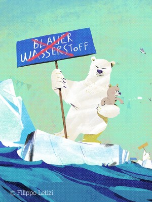 Bild im Comic-Stil zeigt einen Eisbären, der gegen blauen Wasserstoff protestiert