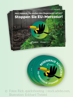 Flyer und Sticker "Stoppen Sie EU-Mercosur", Hintergrund: Symbolbild Regenwald statt Rodung