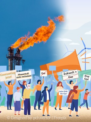 Comicbild: Demonstration für den Gasausstieg