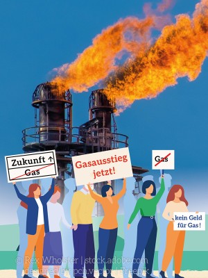 Collage im Cartoon-Stil: Hintergrund zeigt ein Gaswerk, im Vordergrund protetsieren Menschen für einen Gasausstieg.
