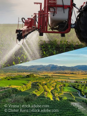 Collage: oberes Bild zeigt einen Traktor, der Pestizide ausbringt; unteres Bild zeigt eine Landschaft