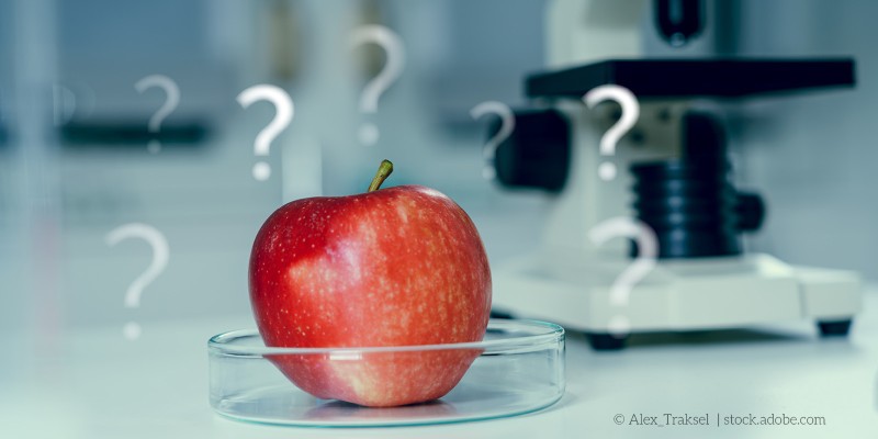 Apfel liegt in einer Petrischale auf einem Labortisch