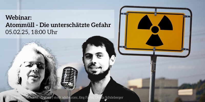 Die Collage zeigt ein Atomkraftschild, im Hintergrund sieht man Teile eines Atomkraftwerkes. Im Vordergund sind zwei Personen und ein Mikrofon abgebildet.