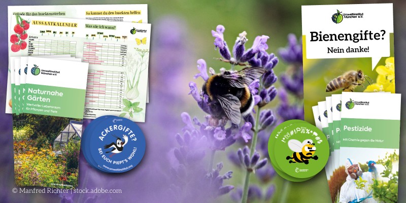 Infomaterial des Umweltinstituts München zum Insektenschutz, darunter Flyer, Aussaatkalender und Buttons 