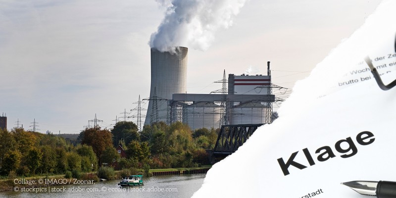 Collage: links ein Kohlekraftwerk, rechts Zettel mit dem Wort "Klage"