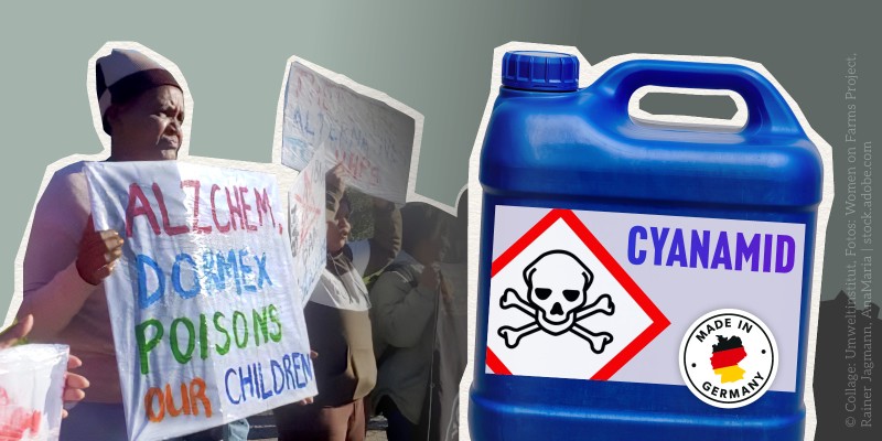 Collage: Links protestiert eine Frau mit einem Schild „All chemicals poison our children“. Rechts steht ein blauer Chemikalienkanister mit der Aufschrift „Cyanamid“, Totenkopf-Gefahrensymbol und dem Hinweis „Made in Germany“.  